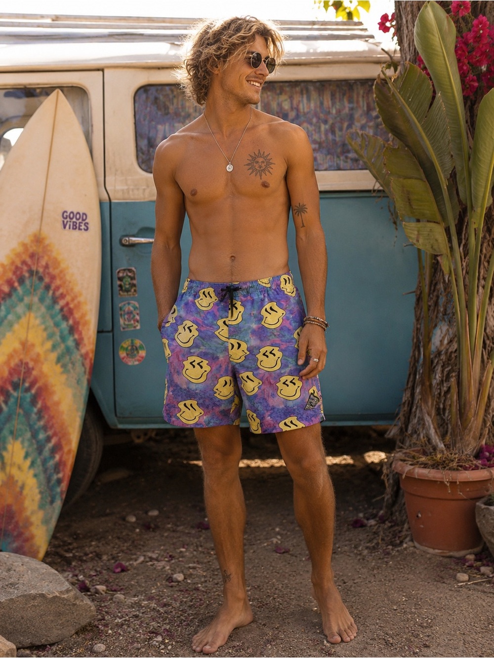 Pacsun Tie-Dye Wiggly Smile Face Swim Shorts in Yellow & Multicolor Size Small